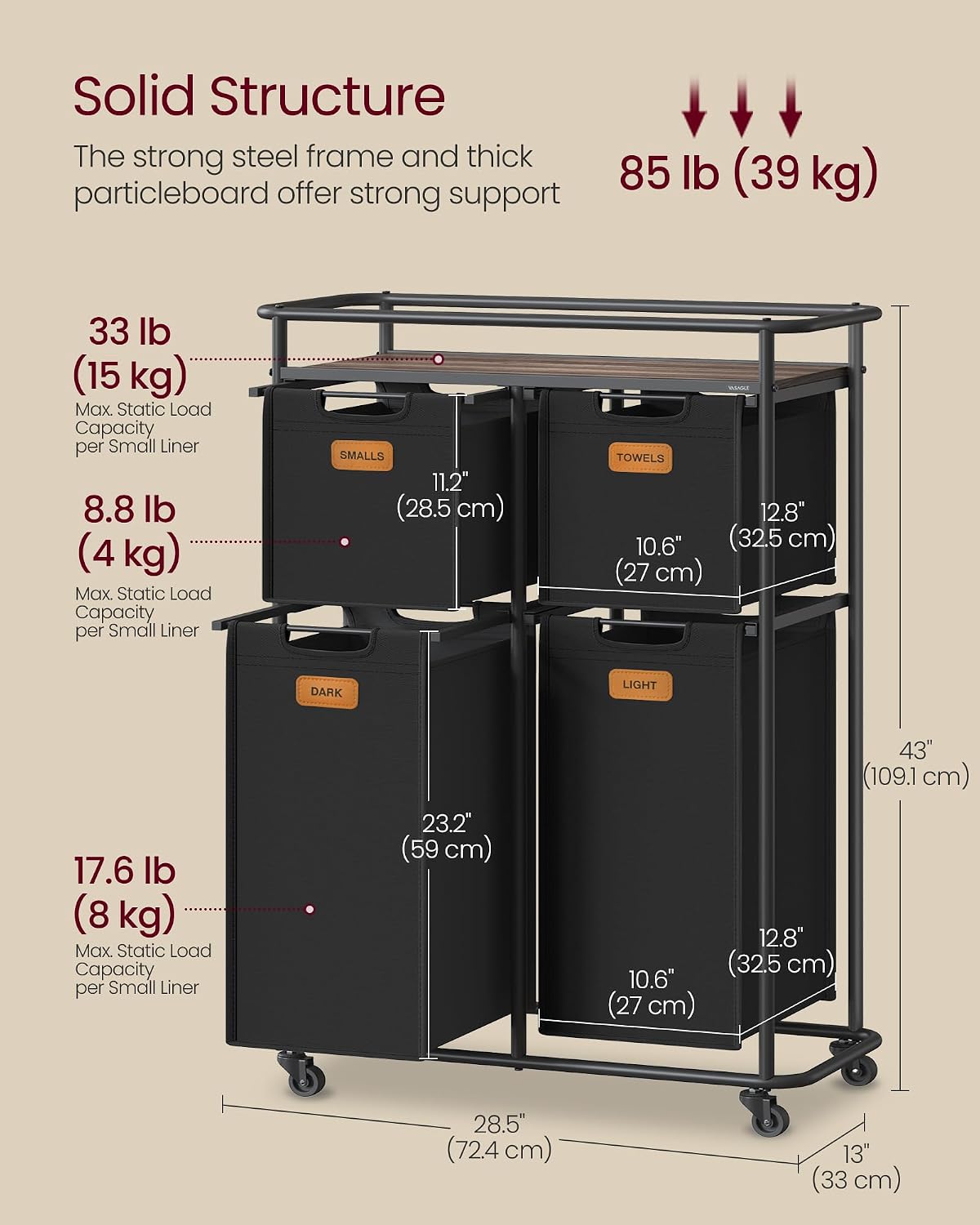 Laundry Sorter with Wheels, Portable Rolling Cart, 26.4 Gal.(100 L)