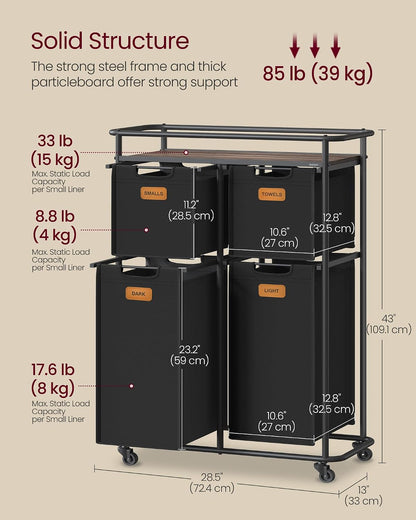 Laundry Sorter with Wheels, Portable Rolling Cart, 26.4 Gal.(100 L)