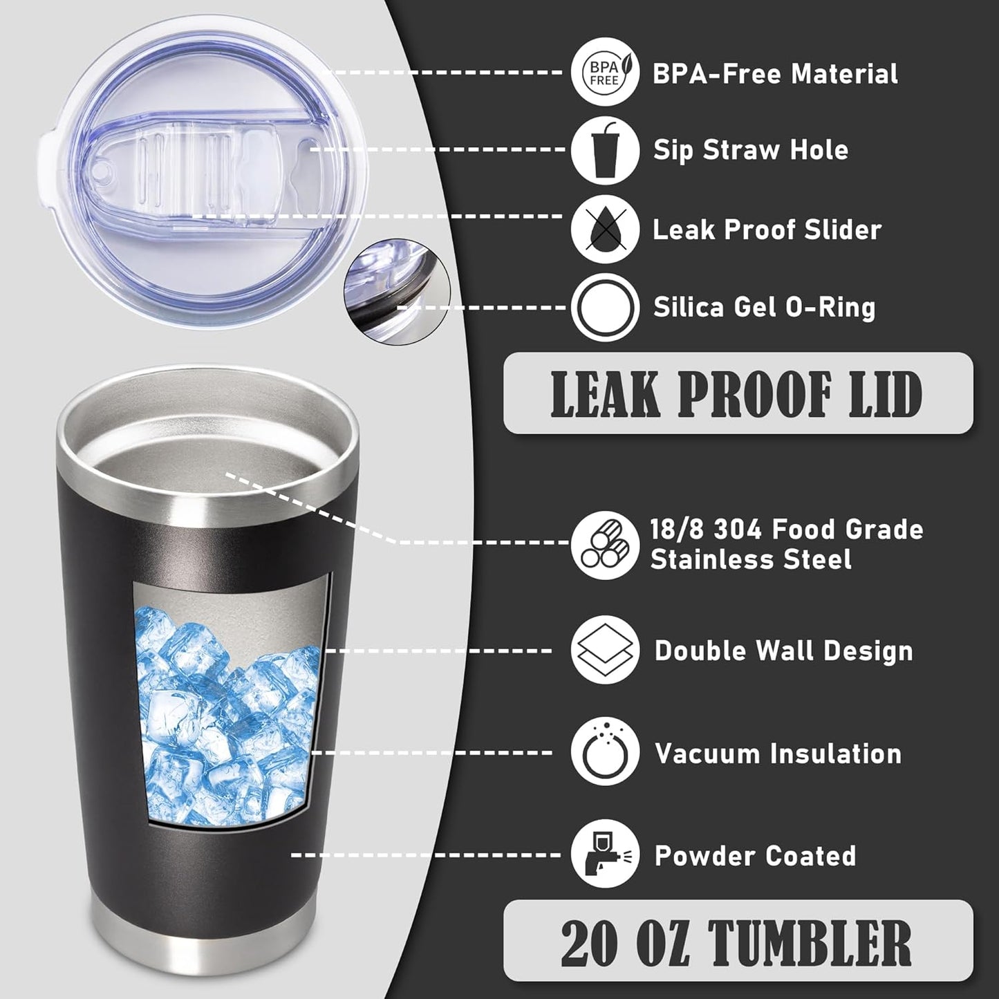 20oz Tumbler Insulated Coffee Tumblers with Lid Stainless Steel White 4P | 20 oz Tumblers Double Wall Insulated Vacuum 20oz Coffee Mug Leak Proof Tumblers with Lid Powder Coated - White 4 Pack