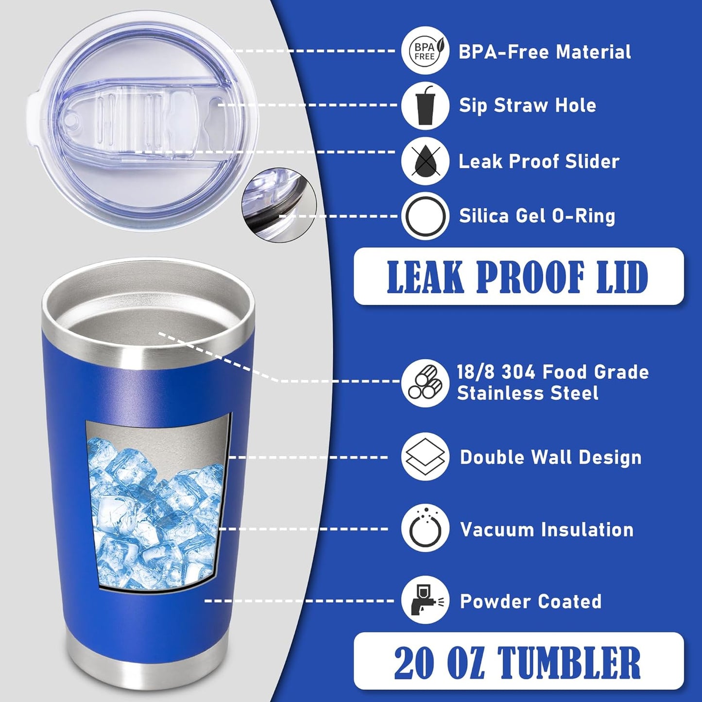 20oz Tumbler Insulated Coffee Tumblers with Lid Stainless Steel White 4P | 20 oz Tumblers Double Wall Insulated Vacuum 20oz Coffee Mug Leak Proof Tumblers with Lid Powder Coated - White 4 Pack