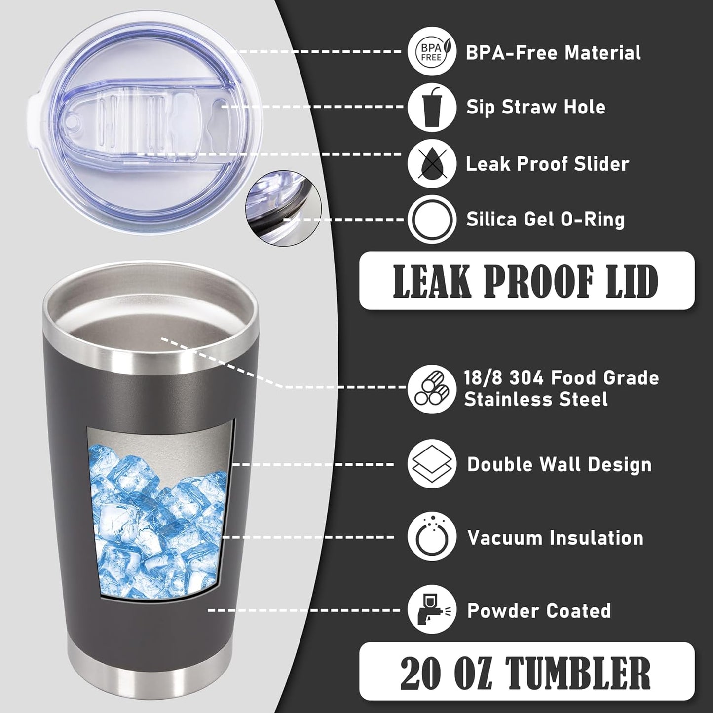 20oz Tumbler Insulated Coffee Tumblers with Lid Stainless Steel White 4P | 20 oz Tumblers Double Wall Insulated Vacuum 20oz Coffee Mug Leak Proof Tumblers with Lid Powder Coated - White 4 Pack