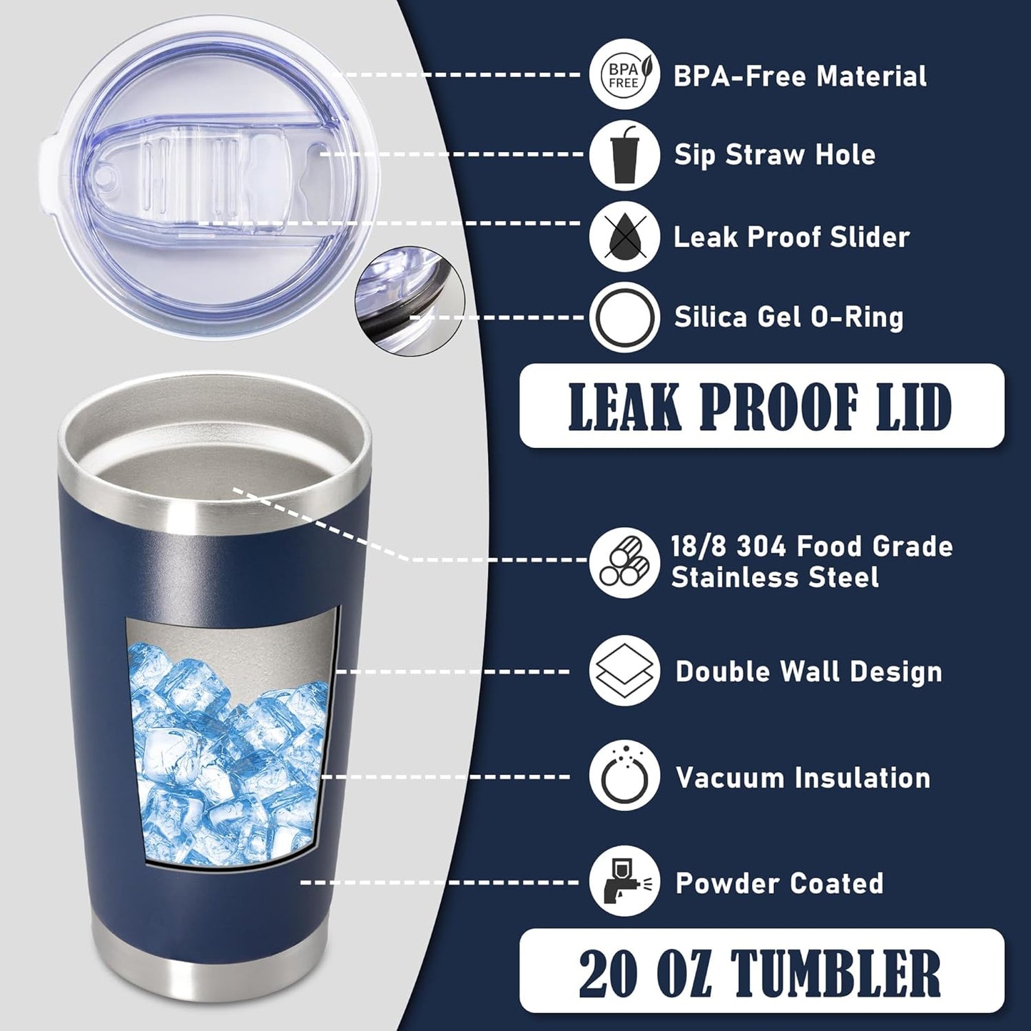 20oz Tumbler Insulated Coffee Tumblers with Lid Stainless Steel White 4P | 20 oz Tumblers Double Wall Insulated Vacuum 20oz Coffee Mug Leak Proof Tumblers with Lid Powder Coated - White 4 Pack