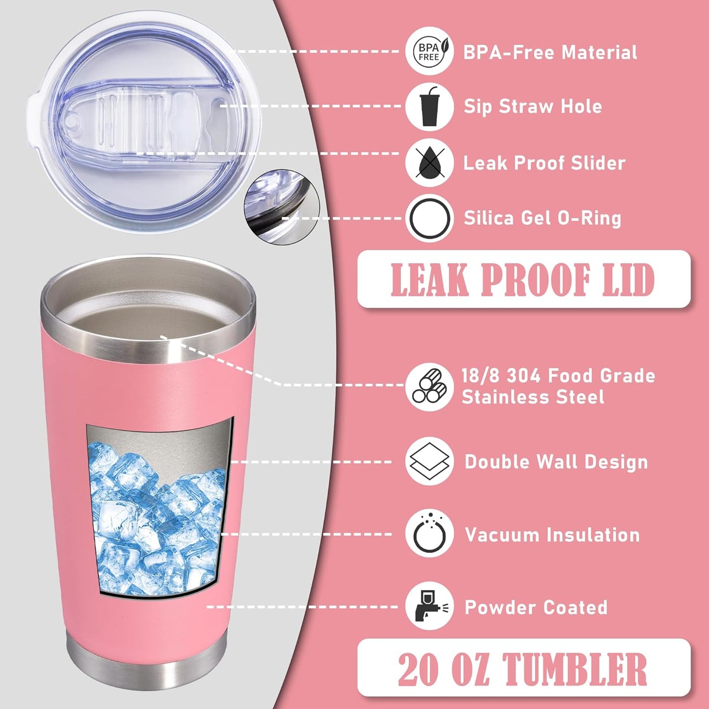 20oz Tumbler Insulated Coffee Tumblers with Lid Stainless Steel White 4P | 20 oz Tumblers Double Wall Insulated Vacuum 20oz Coffee Mug Leak Proof Tumblers with Lid Powder Coated - White 4 Pack