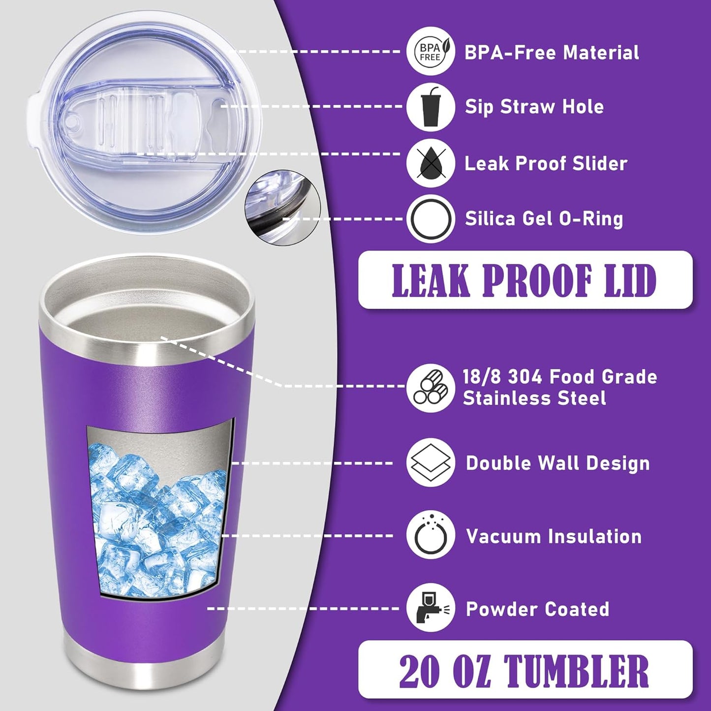 20oz Tumbler Insulated Coffee Tumblers with Lid Stainless Steel White 4P | 20 oz Tumblers Double Wall Insulated Vacuum 20oz Coffee Mug Leak Proof Tumblers with Lid Powder Coated - White 4 Pack