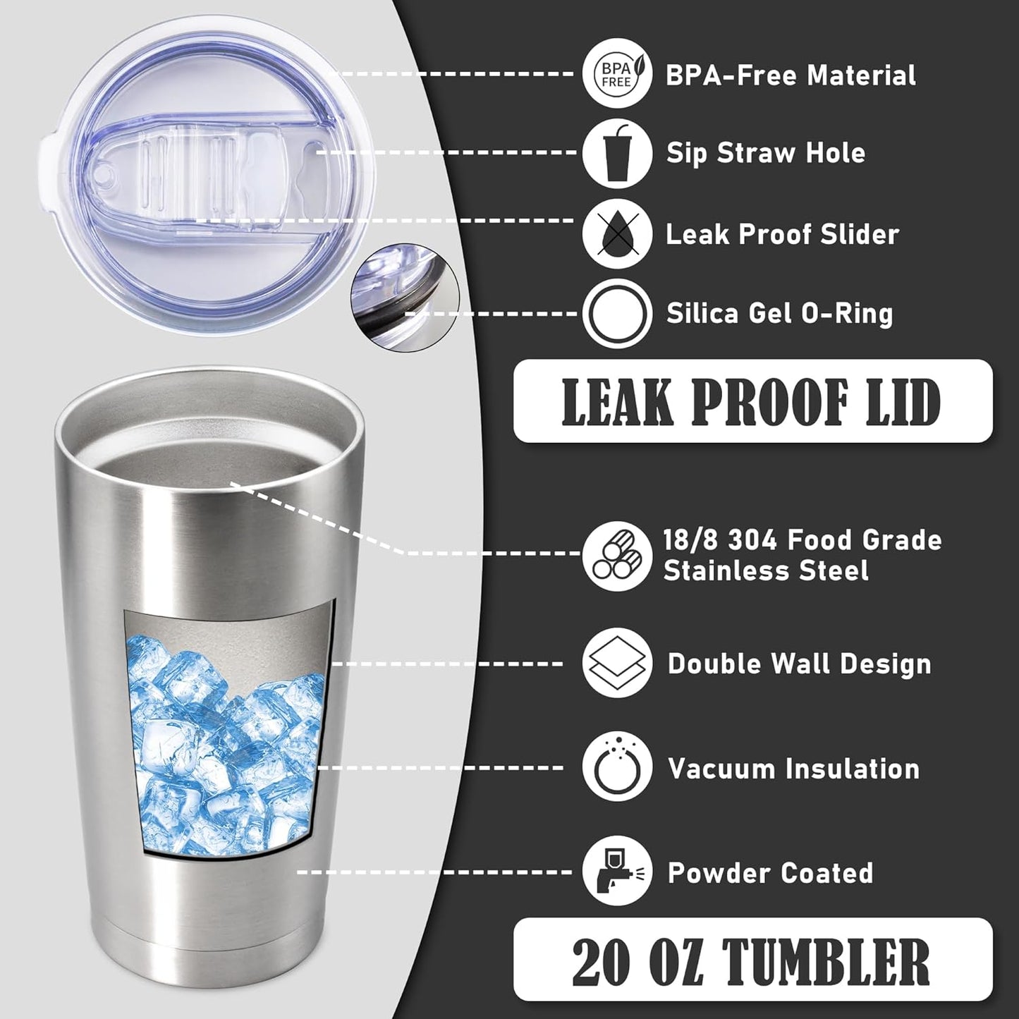 20oz Tumbler Insulated Coffee Tumblers with Lid Stainless Steel White 4P | 20 oz Tumblers Double Wall Insulated Vacuum 20oz Coffee Mug Leak Proof Tumblers with Lid Powder Coated - White 4 Pack
