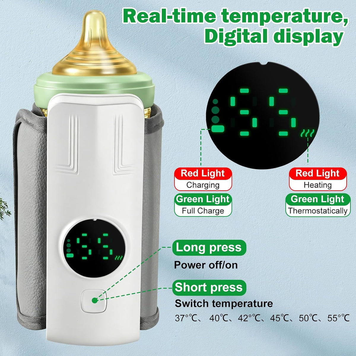 Portable Battery-Powered Baby Bottle Warmer with Temperature Display, Travel-Friendly Milk Warmer for On-the-Go Feeding
