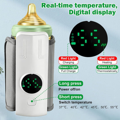 Portable Battery-Powered Baby Bottle Warmer with Temperature Display, Travel-Friendly Milk Warmer for On-the-Go Feeding