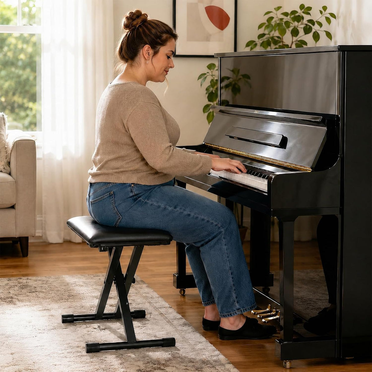 AODSK Keyboard Bench X-Style Cushion Padded,Piano Bench Adjustable Collapsible Stool Chair Seat,Flame Retardant Cotton,Non-Skid Design