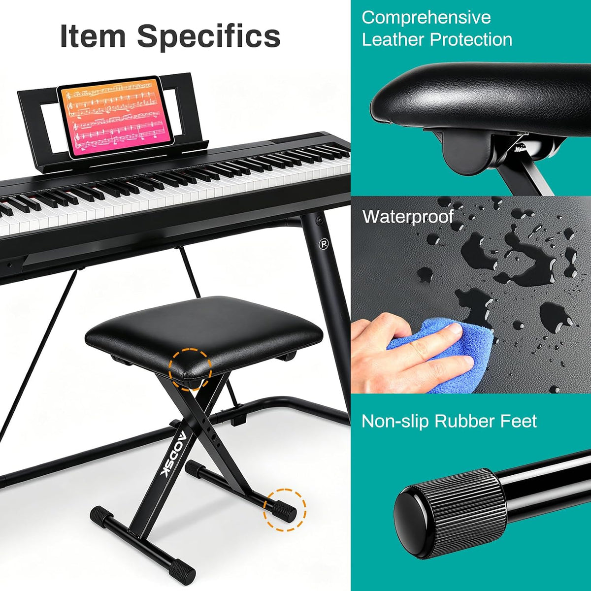 AODSK Keyboard Bench X-Style Cushion Padded,Piano Bench Adjustable Collapsible Stool Chair Seat,Flame Retardant Cotton,Non-Skid Design