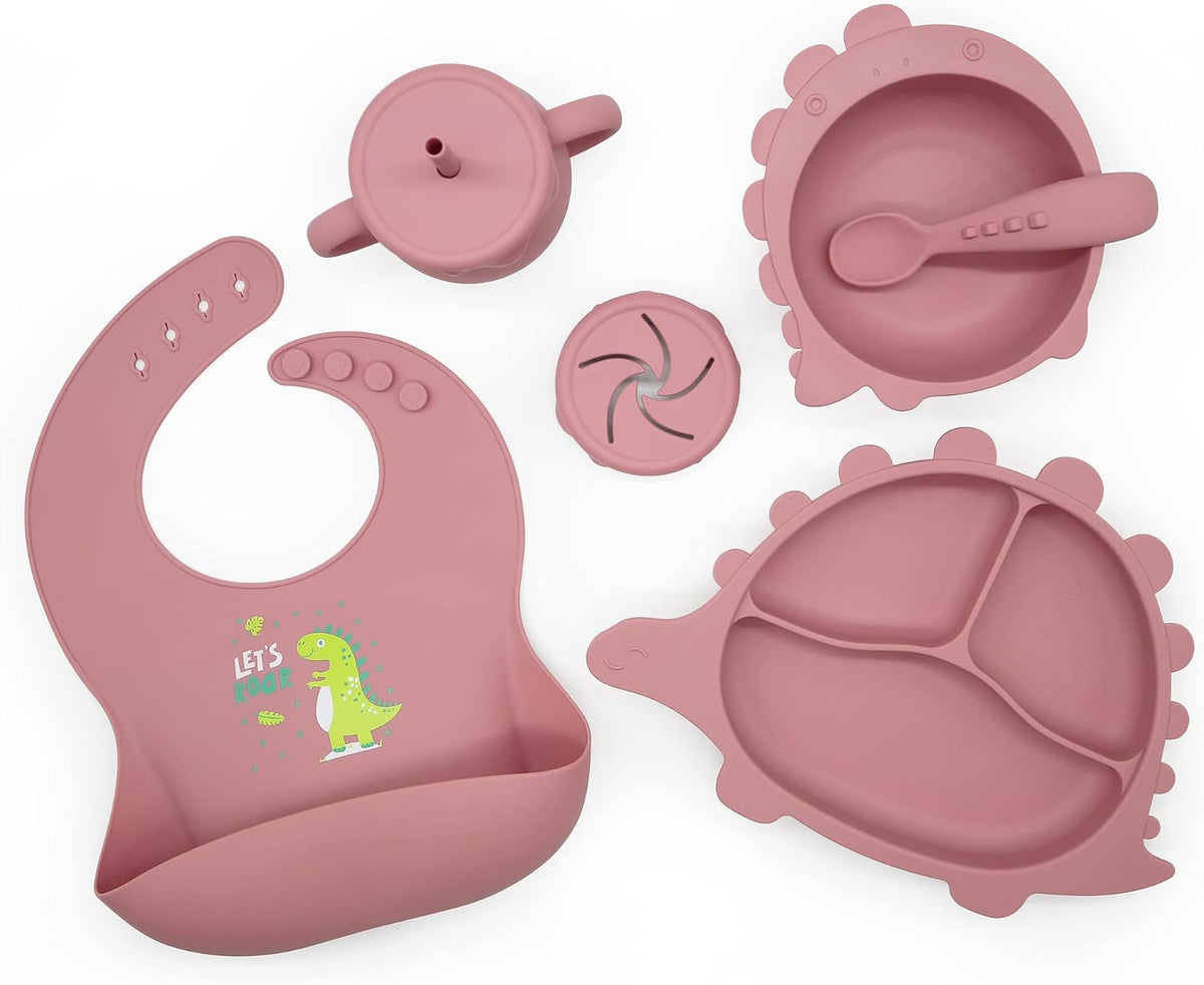 8 Piece| DINO Silicone Baby Feeding Set – |Bib, Suction Bowl, Suction Plate, Sippy Cup, 2-in-1 Straw & Snack Cup Lid, Straw & Spoon| – Food Grade Silicone, BPA Free (Rose Pink)