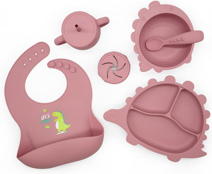8 Piece| DINO Silicone Baby Feeding Set – |Bib, Suction Bowl, Suction Plate, Sippy Cup, 2-in-1 Straw & Snack Cup Lid, Straw & Spoon| – Food Grade Silicone, BPA Free (Rose Pink)