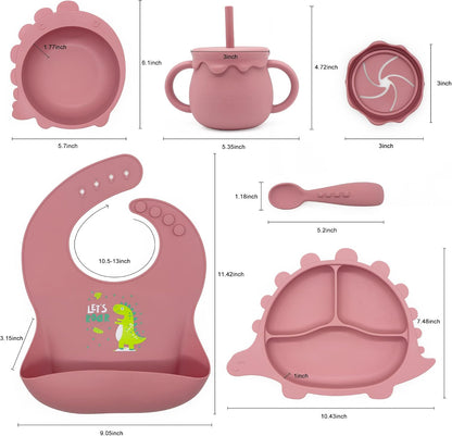 8 Piece| DINO Silicone Baby Feeding Set – |Bib, Suction Bowl, Suction Plate, Sippy Cup, 2-in-1 Straw & Snack Cup Lid, Straw & Spoon| – Food Grade Silicone, BPA Free (Rose Pink)