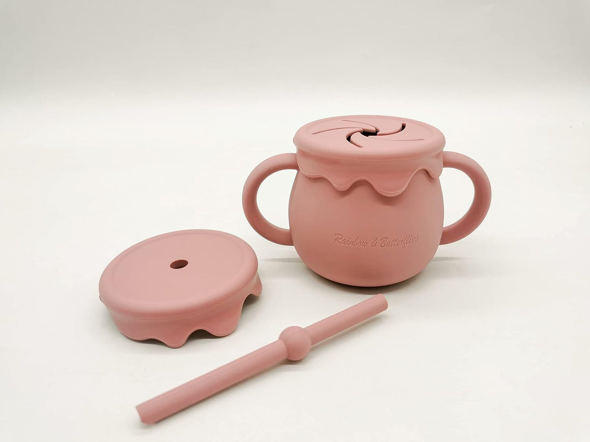 8 Piece| DINO Silicone Baby Feeding Set – |Bib, Suction Bowl, Suction Plate, Sippy Cup, 2-in-1 Straw & Snack Cup Lid, Straw & Spoon| – Food Grade Silicone, BPA Free (Rose Pink)