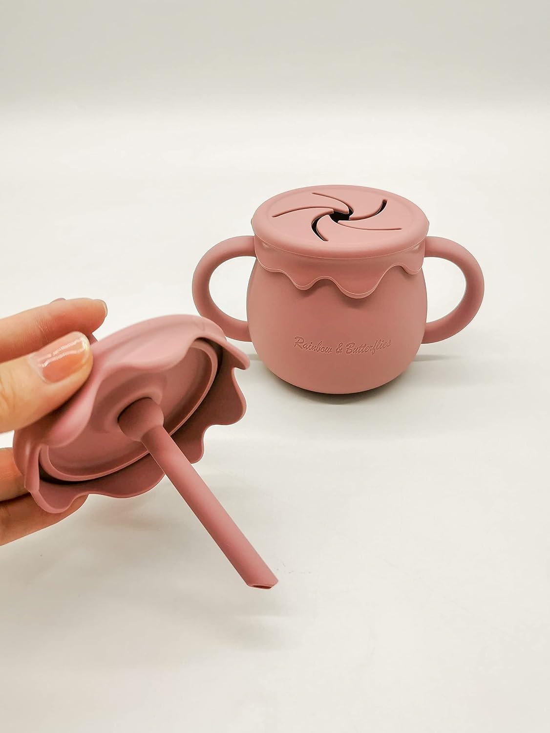 8 Piece| DINO Silicone Baby Feeding Set – |Bib, Suction Bowl, Suction Plate, Sippy Cup, 2-in-1 Straw & Snack Cup Lid, Straw & Spoon| – Food Grade Silicone, BPA Free (Rose Pink)