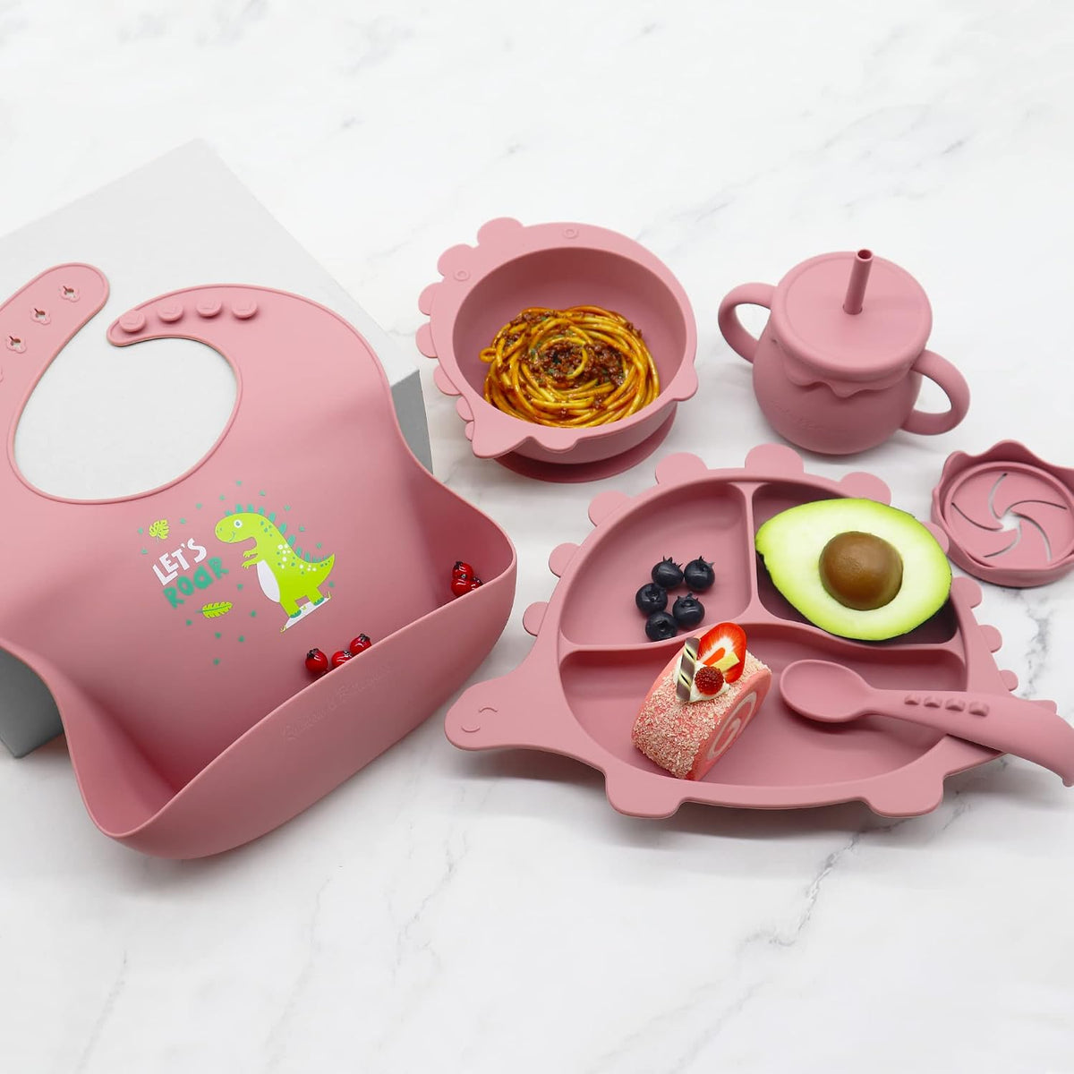 8 Piece| DINO Silicone Baby Feeding Set – |Bib, Suction Bowl, Suction Plate, Sippy Cup, 2-in-1 Straw & Snack Cup Lid, Straw & Spoon| – Food Grade Silicone, BPA Free (Rose Pink)