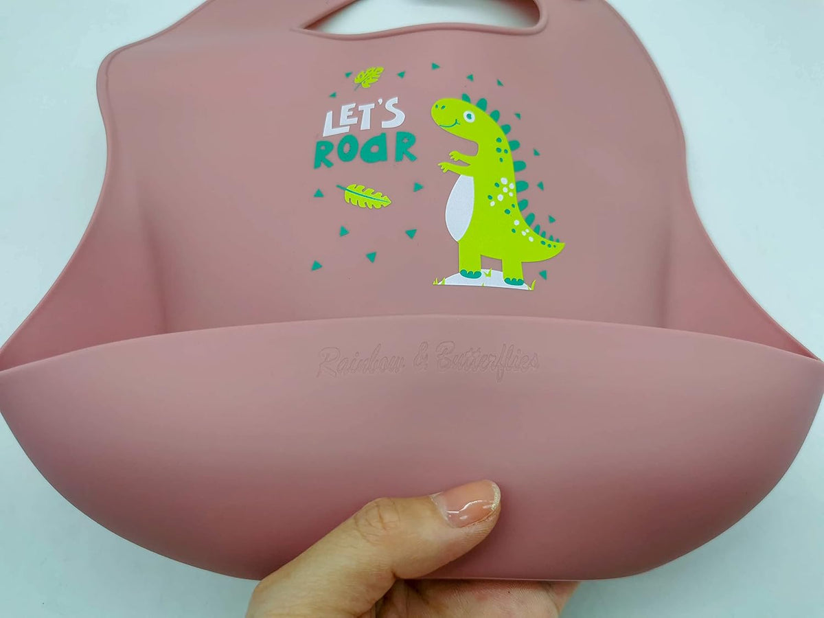 8 Piece| DINO Silicone Baby Feeding Set – |Bib, Suction Bowl, Suction Plate, Sippy Cup, 2-in-1 Straw & Snack Cup Lid, Straw & Spoon| – Food Grade Silicone, BPA Free (Rose Pink)