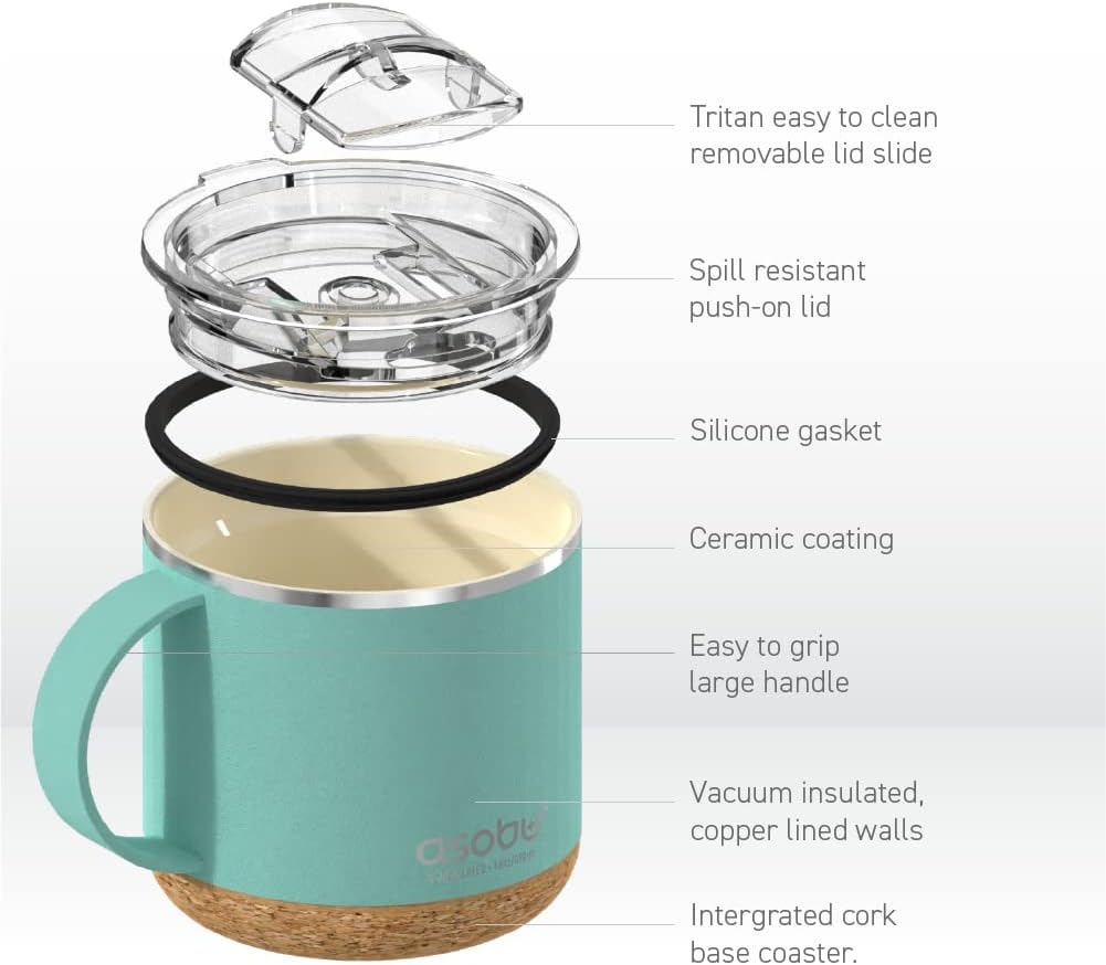 Infinite Stainless Steel Insulated Coffee Mug with Inner Ceramic Coating and Cork Coaster 16 Ounce (Mint Green)