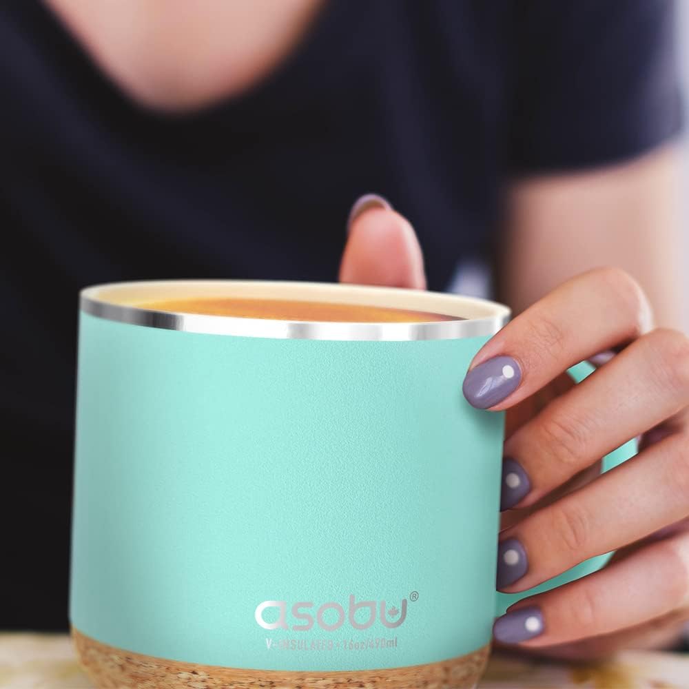 Infinite Stainless Steel Insulated Coffee Mug with Inner Ceramic Coating and Cork Coaster 16 Ounce (Mint Green)