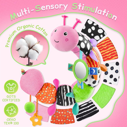 Baby Sensory Musical Caterpillar Plush Toy, Soft Stuffed Animal with Mirror Crinkle Paper Rattle Teether, Tummy Time Play Toy for 0-12 Months Newborn Infant, Baby Shower Gift for Boys Girls, Pink