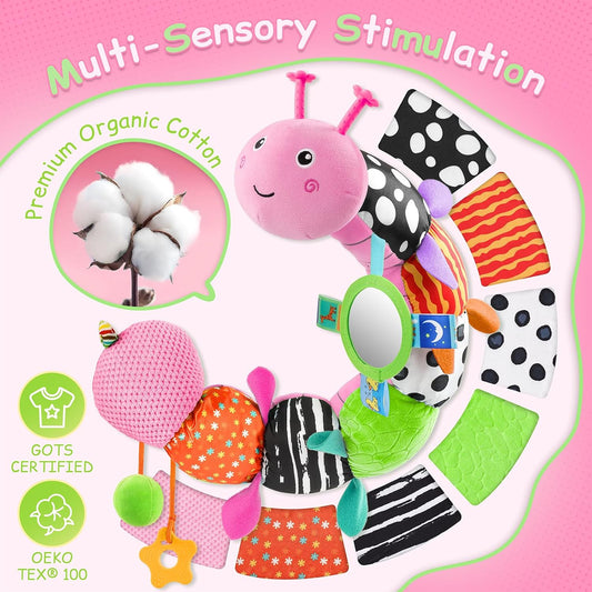 Baby Sensory Musical Caterpillar Plush Toy, Soft Stuffed Animal with Mirror Crinkle Paper Rattle Teether, Tummy Time Play Toy for 0-12 Months Newborn Infant, Baby Shower Gift for Boys Girls, Pink