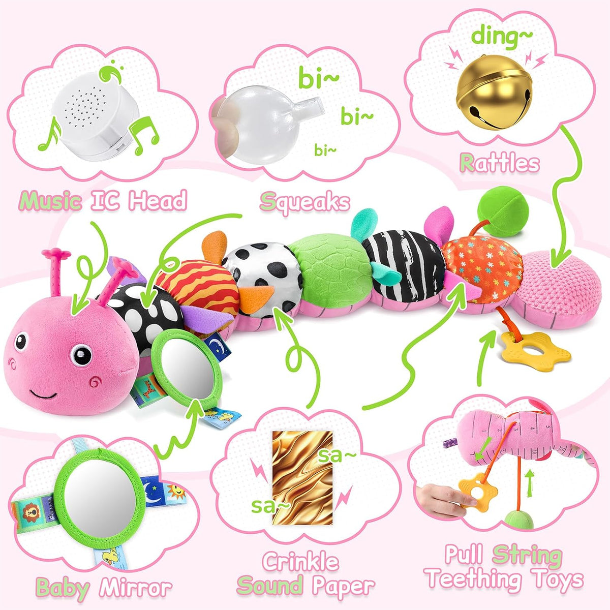 Baby Sensory Musical Caterpillar Plush Toy, Soft Stuffed Animal with Mirror Crinkle Paper Rattle Teether, Tummy Time Play Toy for 0-12 Months Newborn Infant, Baby Shower Gift for Boys Girls, Pink