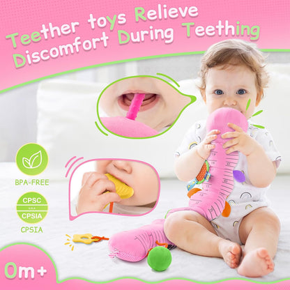 Baby Sensory Musical Caterpillar Plush Toy, Soft Stuffed Animal with Mirror Crinkle Paper Rattle Teether, Tummy Time Play Toy for 0-12 Months Newborn Infant, Baby Shower Gift for Boys Girls, Pink