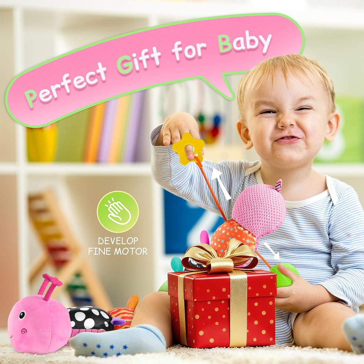 Baby Sensory Musical Caterpillar Plush Toy, Soft Stuffed Animal with Mirror Crinkle Paper Rattle Teether, Tummy Time Play Toy for 0-12 Months Newborn Infant, Baby Shower Gift for Boys Girls, Pink
