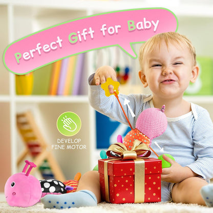 Baby Sensory Musical Caterpillar Plush Toy, Soft Stuffed Animal with Mirror Crinkle Paper Rattle Teether, Tummy Time Play Toy for 0-12 Months Newborn Infant, Baby Shower Gift for Boys Girls, Pink