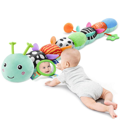 Baby Sensory Musical Caterpillar Plush Toy, Soft Stuffed Animal with Mirror Crinkle Paper Rattle Teether, Tummy Time Play Toy for 0-12 Months Newborn Infant, Baby Shower Gift for Boys Girls, Pink