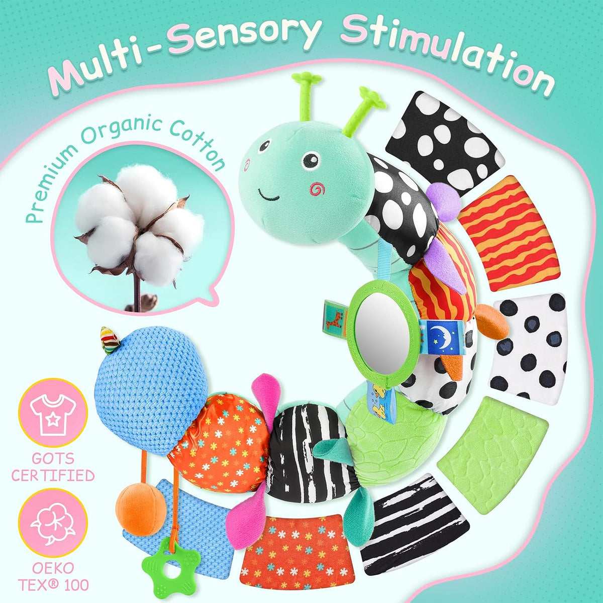 Baby Sensory Musical Caterpillar Plush Toy, Soft Stuffed Animal with Mirror Crinkle Paper Rattle Teether, Tummy Time Play Toy for 0-12 Months Newborn Infant, Baby Shower Gift for Boys Girls, Pink