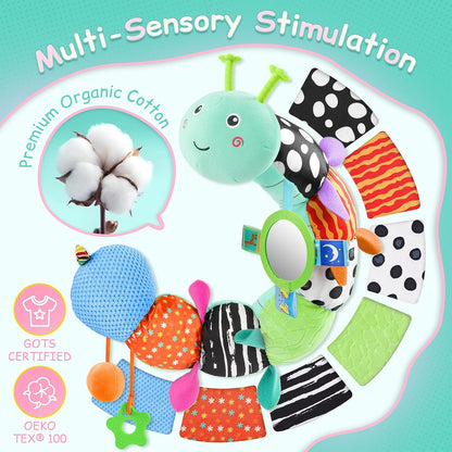 Baby Sensory Musical Caterpillar Plush Toy, Soft Stuffed Animal with Mirror Crinkle Paper Rattle Teether, Tummy Time Play Toy for 0-12 Months Newborn Infant, Baby Shower Gift for Boys Girls, Pink