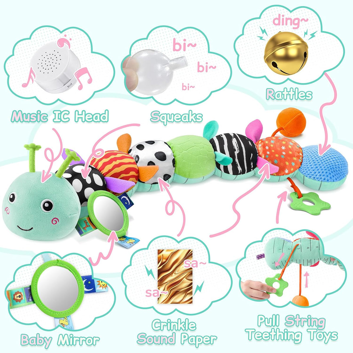 Baby Sensory Musical Caterpillar Plush Toy, Soft Stuffed Animal with Mirror Crinkle Paper Rattle Teether, Tummy Time Play Toy for 0-12 Months Newborn Infant, Baby Shower Gift for Boys Girls, Pink