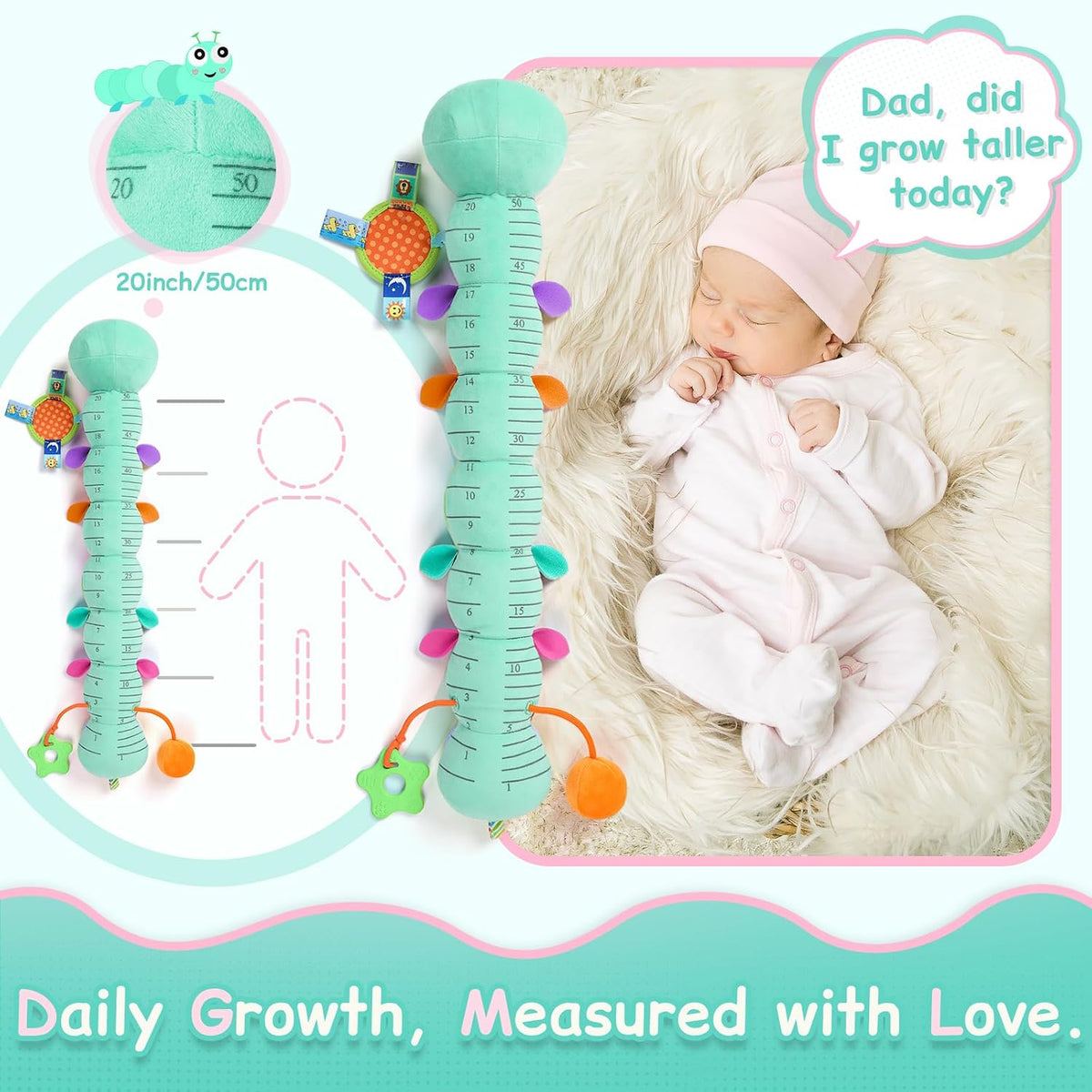 Baby Sensory Musical Caterpillar Plush Toy, Soft Stuffed Animal with Mirror Crinkle Paper Rattle Teether, Tummy Time Play Toy for 0-12 Months Newborn Infant, Baby Shower Gift for Boys Girls, Pink
