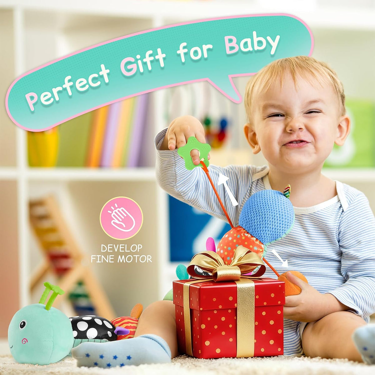 Baby Sensory Musical Caterpillar Plush Toy, Soft Stuffed Animal with Mirror Crinkle Paper Rattle Teether, Tummy Time Play Toy for 0-12 Months Newborn Infant, Baby Shower Gift for Boys Girls, Pink