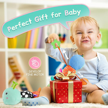 Baby Sensory Musical Caterpillar Plush Toy, Soft Stuffed Animal with Mirror Crinkle Paper Rattle Teether, Tummy Time Play Toy for 0-12 Months Newborn Infant, Baby Shower Gift for Boys Girls, Pink