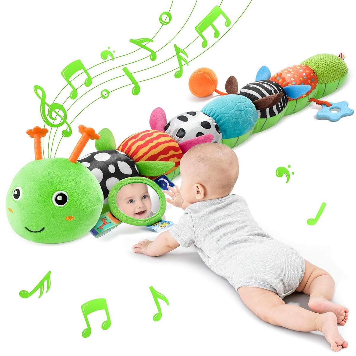 Baby Sensory Musical Caterpillar Plush Toy, Soft Stuffed Animal with Mirror Crinkle Paper Rattle Teether, Tummy Time Play Toy for 0-12 Months Newborn Infant, Baby Shower Gift for Boys Girls, Pink