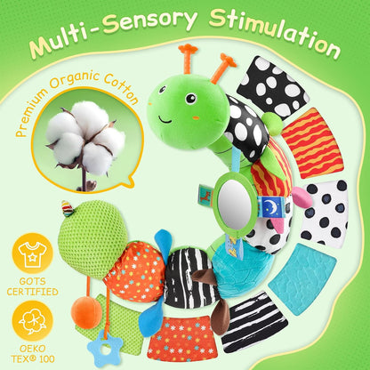 Baby Sensory Musical Caterpillar Plush Toy, Soft Stuffed Animal with Mirror Crinkle Paper Rattle Teether, Tummy Time Play Toy for 0-12 Months Newborn Infant, Baby Shower Gift for Boys Girls, Pink