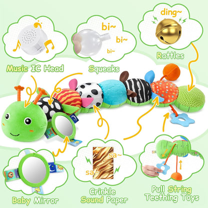 Baby Sensory Musical Caterpillar Plush Toy, Soft Stuffed Animal with Mirror Crinkle Paper Rattle Teether, Tummy Time Play Toy for 0-12 Months Newborn Infant, Baby Shower Gift for Boys Girls, Pink