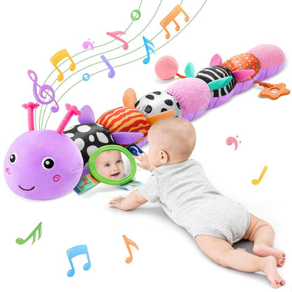 Baby Sensory Musical Caterpillar Plush Toy, Soft Stuffed Animal with Mirror Crinkle Paper Rattle Teether, Tummy Time Play Toy for 0-12 Months Newborn Infant, Baby Shower Gift for Boys Girls, Pink
