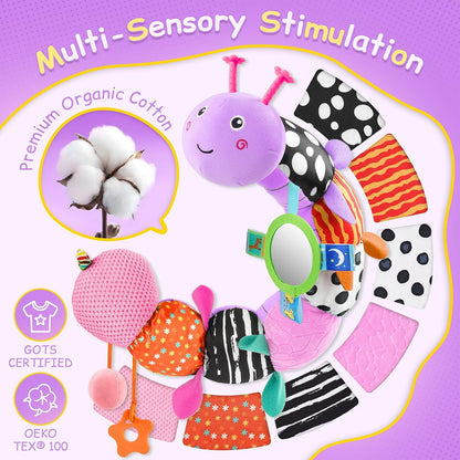 Baby Sensory Musical Caterpillar Plush Toy, Soft Stuffed Animal with Mirror Crinkle Paper Rattle Teether, Tummy Time Play Toy for 0-12 Months Newborn Infant, Baby Shower Gift for Boys Girls, Pink