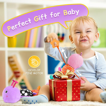 Baby Sensory Musical Caterpillar Plush Toy, Soft Stuffed Animal with Mirror Crinkle Paper Rattle Teether, Tummy Time Play Toy for 0-12 Months Newborn Infant, Baby Shower Gift for Boys Girls, Pink