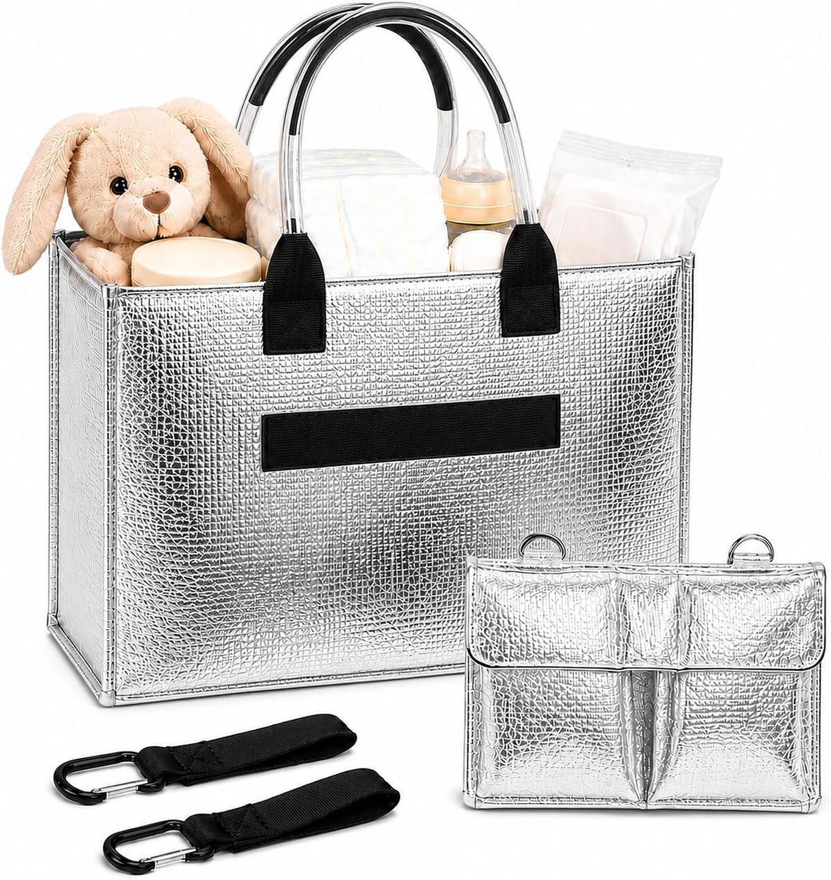 Baby Diaper Caddy Organizer with Removable Dividers, Silvery