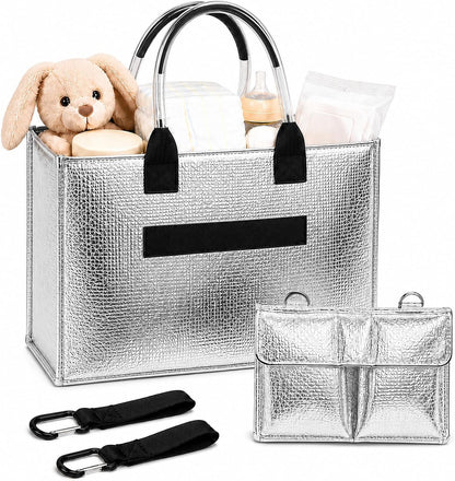 Baby Diaper Caddy Organizer with Removable Dividers, Silvery