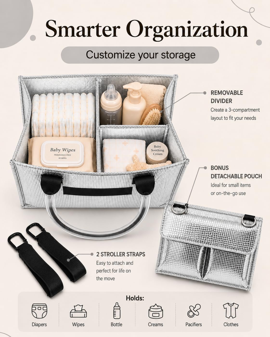 Baby Diaper Caddy Organizer with Removable Dividers, Silvery