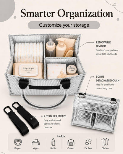Baby Diaper Caddy Organizer with Removable Dividers, Silvery