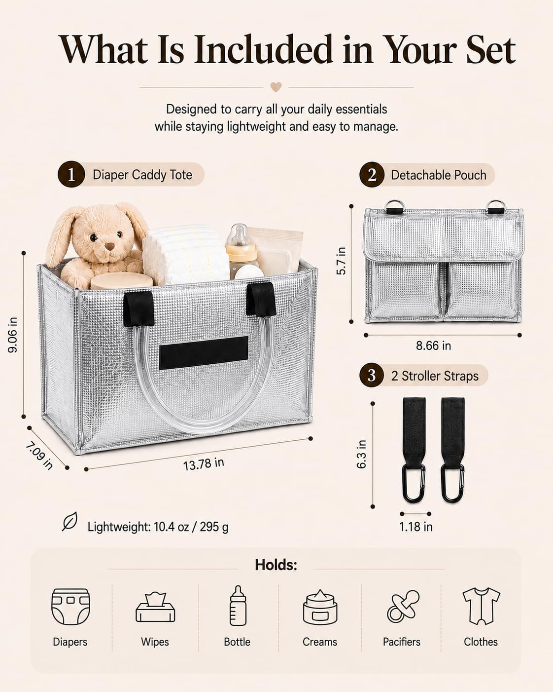 Baby Diaper Caddy Organizer with Removable Dividers, Silvery