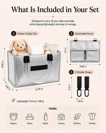 Baby Diaper Caddy Organizer with Removable Dividers, Silvery