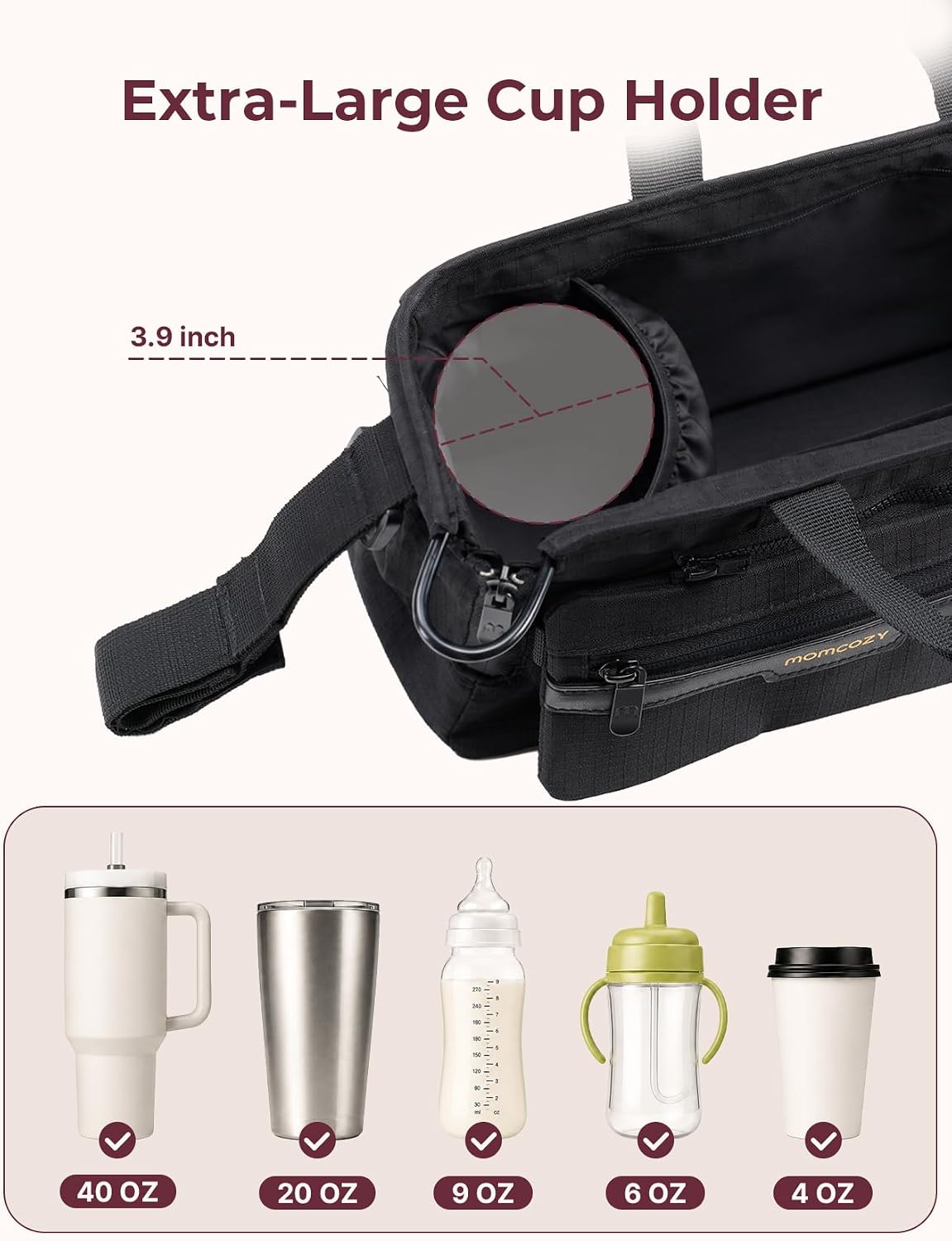Stroller Organizer with 40 oz Tumbler Holder, Non-Slip Straps