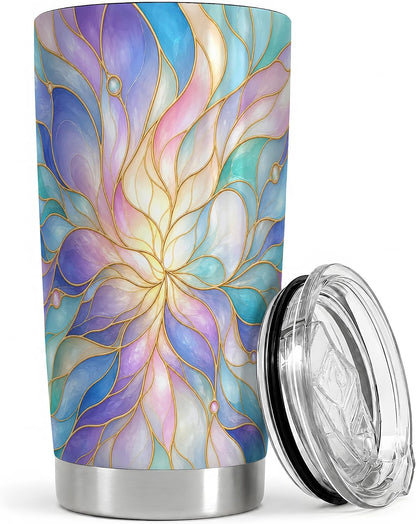 Pastel Floral Swirl Art 20oz Tumbler, Floral Swirl Tumbler, Abstract Drink Cup, Aqua Lavender Petal Design, Gold Line Glass Pattern, Soft Iridescent Artwork, Calm Decor Lover Style