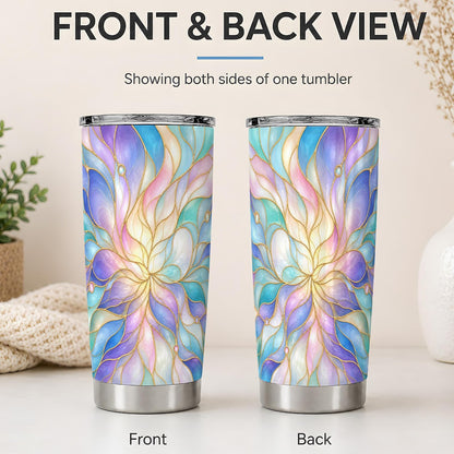 Pastel Floral Swirl Art 20oz Tumbler, Floral Swirl Tumbler, Abstract Drink Cup, Aqua Lavender Petal Design, Gold Line Glass Pattern, Soft Iridescent Artwork, Calm Decor Lover Style